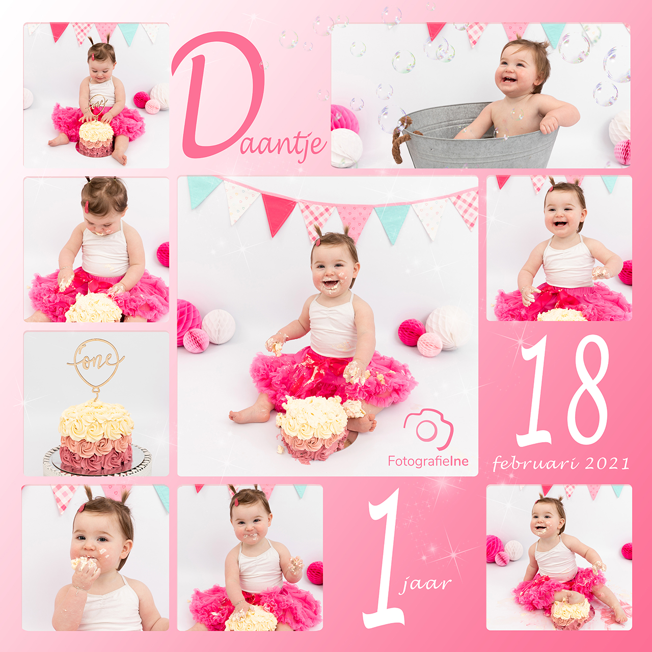 Fotografie Ine collage cakesmash Daantje met logo roze rustige achtergrond