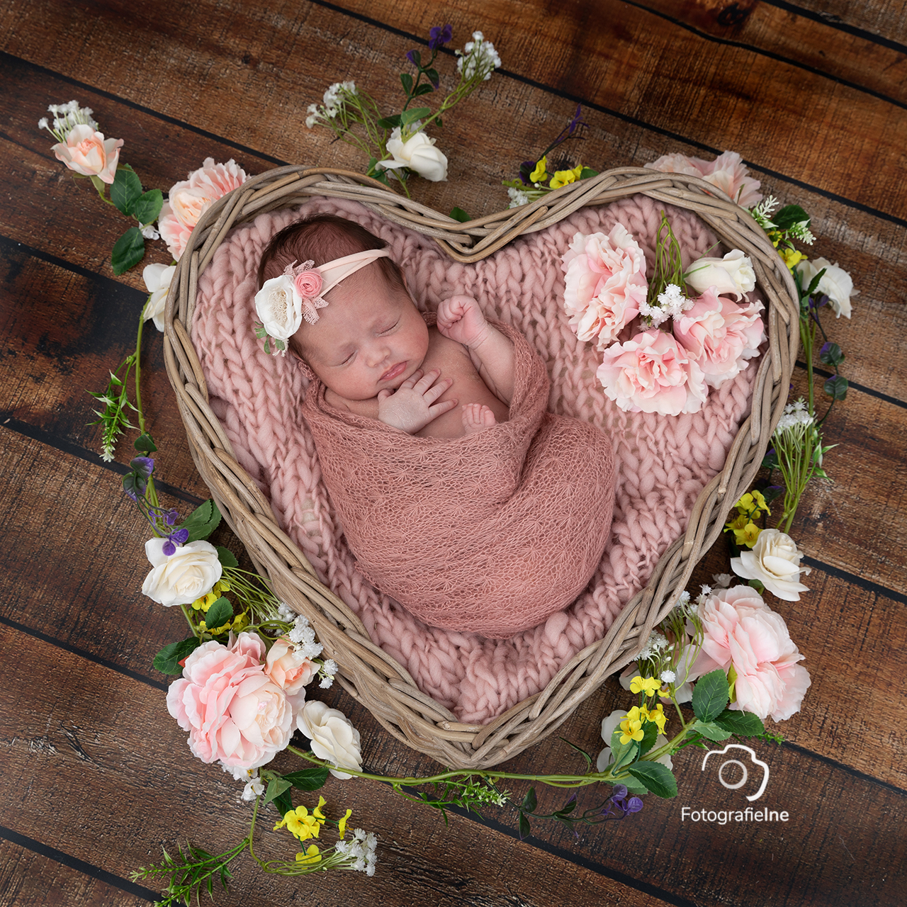 fotografie Ine newborn fotoshoot oud roze newbornhart rieten mand hart Fotograaf Boekel